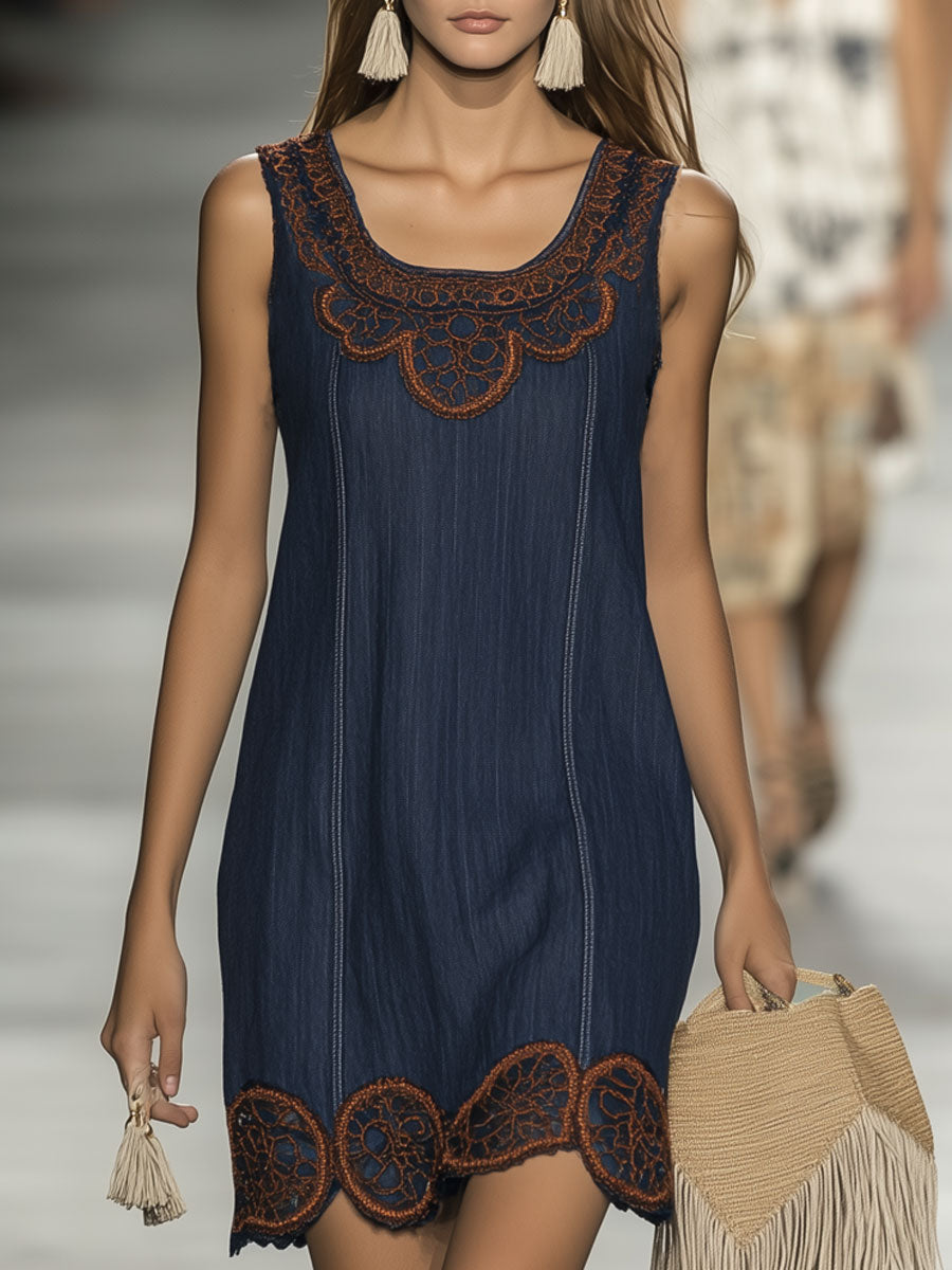 Casual Loose Retro Navy Denim Lace Stitching Sleeveless Mini Dress