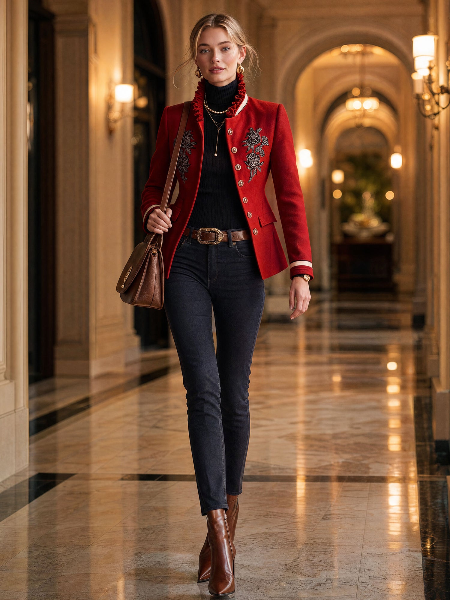 Ruffled Stand-up Collar Single-breasted Rose Embroidered Jacket