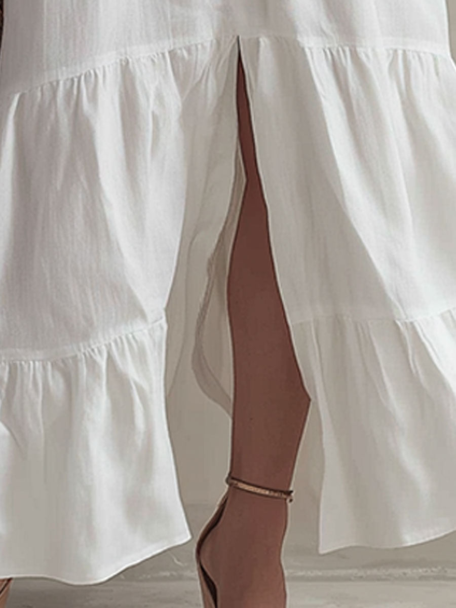 Stylish And Elegant White Sleeveless V-neck Ruffled Button Cotton Linen Maxi Dress