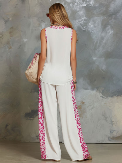 Chiffon V-neck Sleeveless Leopard Print Top And Pants Set