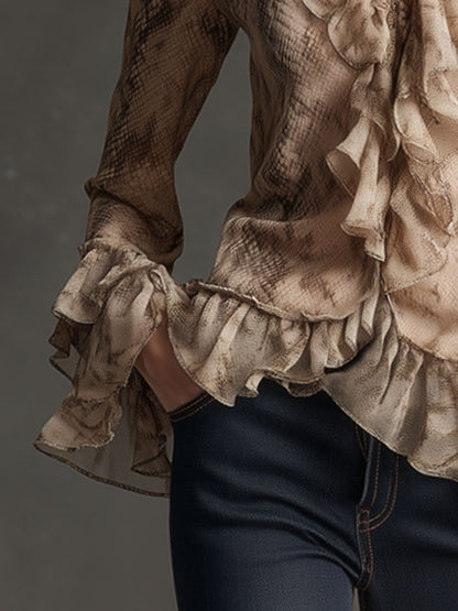 Fashionable Retro Snakeskin Light Camel Chiffon Ruffled Long-sleeved Shirt