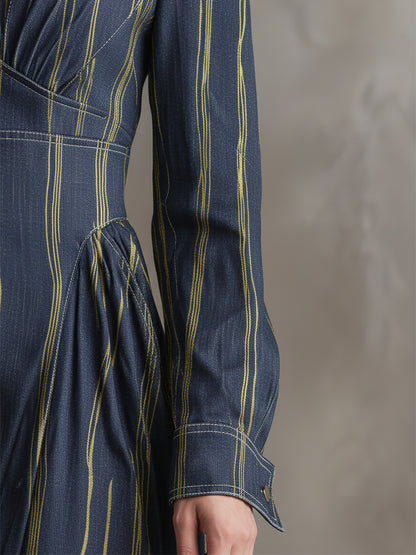 Elegant Urban Deep Blue Tencel Denim Striped Gold-stamped Maxi Dress