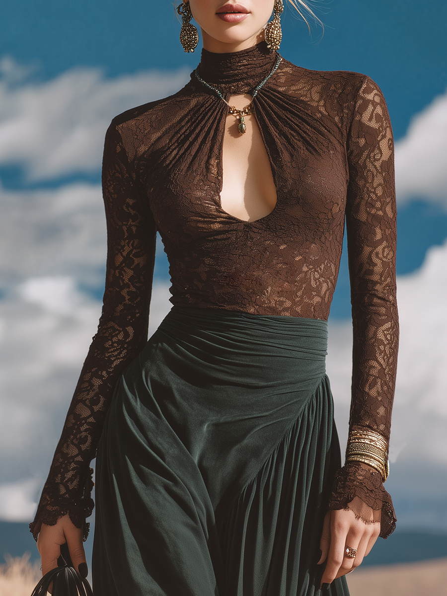 Retro Chic Bohemian Openwork Brown Lace Top