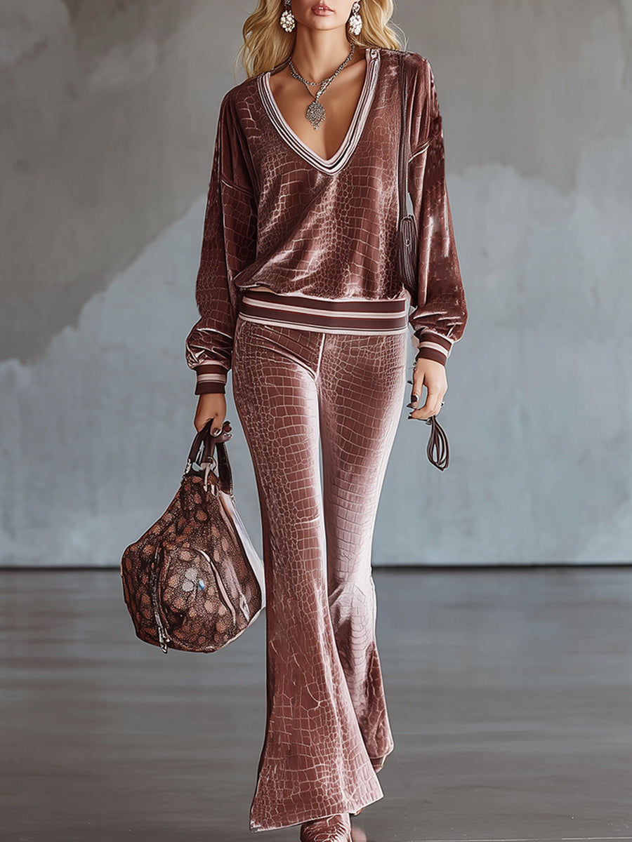 Casual Loose-fitting Crocodile Print Champagne Pink Velvet Top And Flared Pants Set