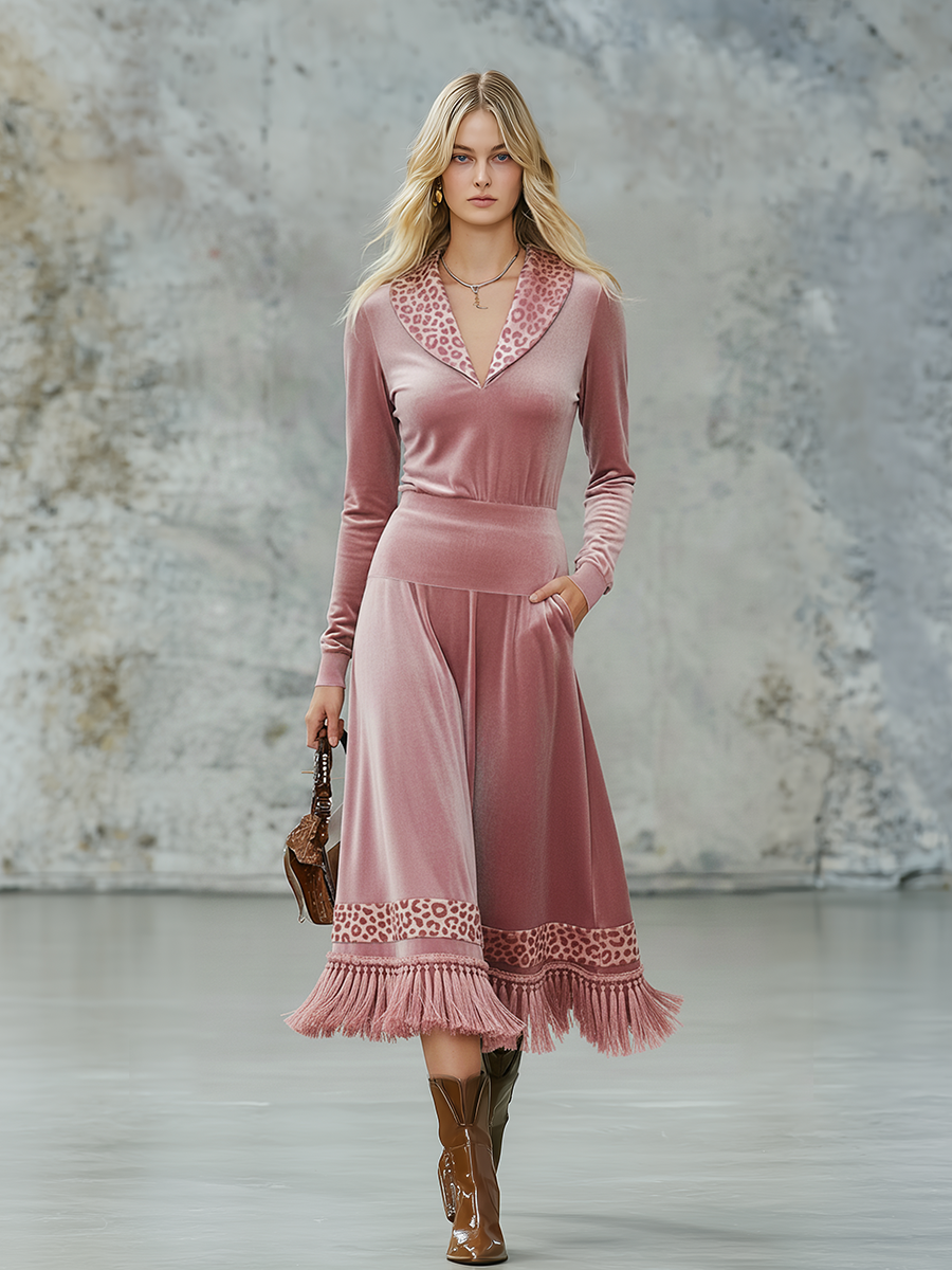 Elegant Retro Leopard Print Lapel Tassel Velvet Midi Dress