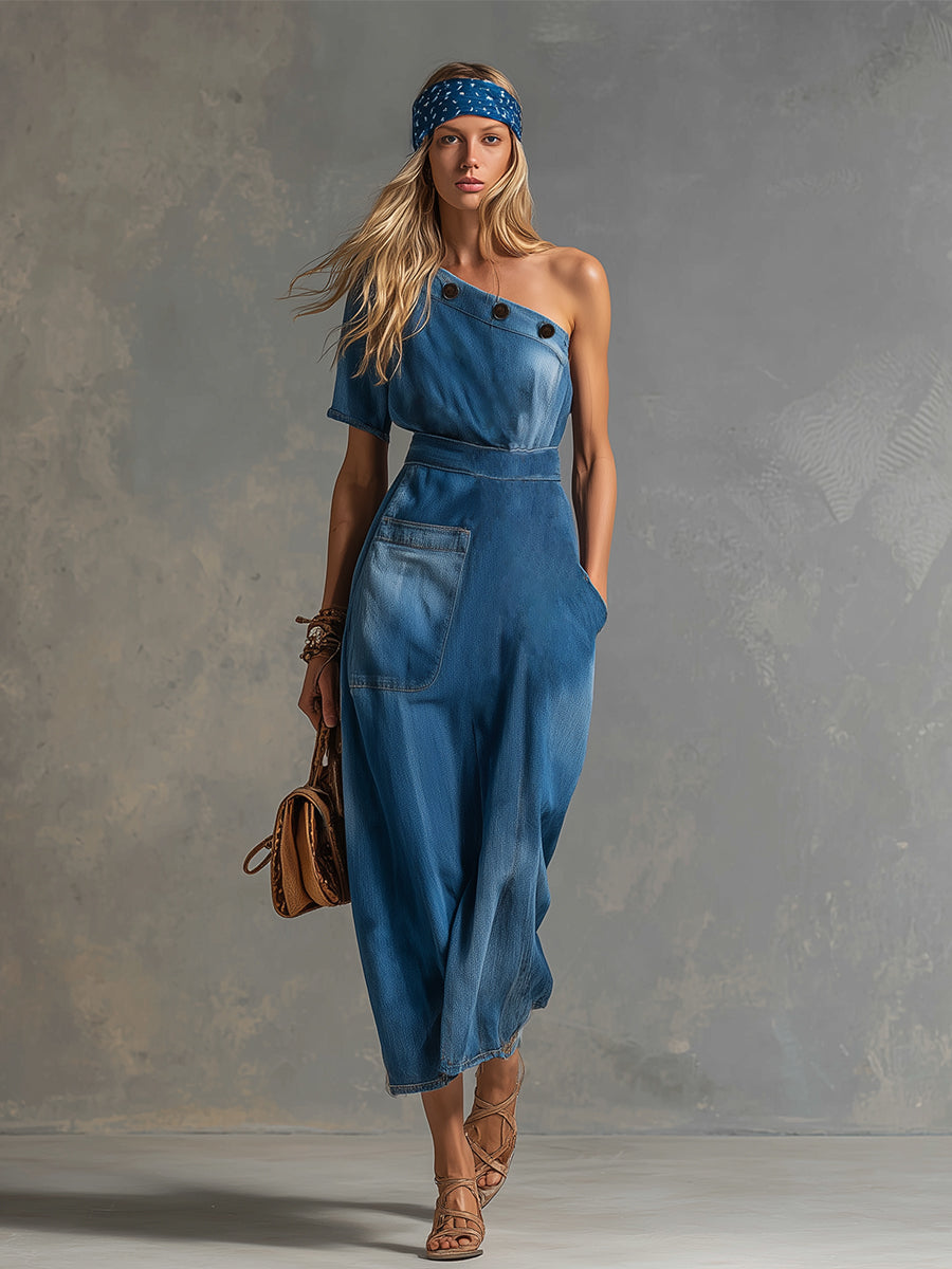 Stylish Urban Blue Denim One-shoulder Short-sleeved Maxi Dress