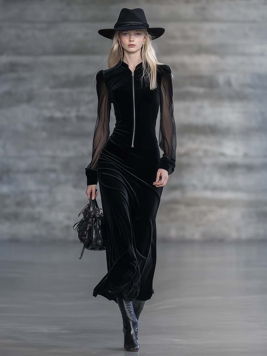 Elegant Classic Versatile Stand-up Collar Front Zipper Sheer Long-sleeved Black Velvet Maxi Dress