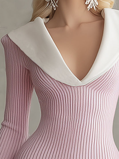 Elegant, Retro-style White Collared, Ruffled Pink Knitted Mini Dress