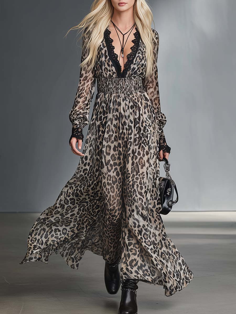 Elegant Vintage Flowing Lace V-neck Leopard Print Beige-gray Chiffon Maxi Dress