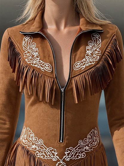 Vintage Western Style Embroidered Tassel Long Sleeve Brown Suede Mini Dress