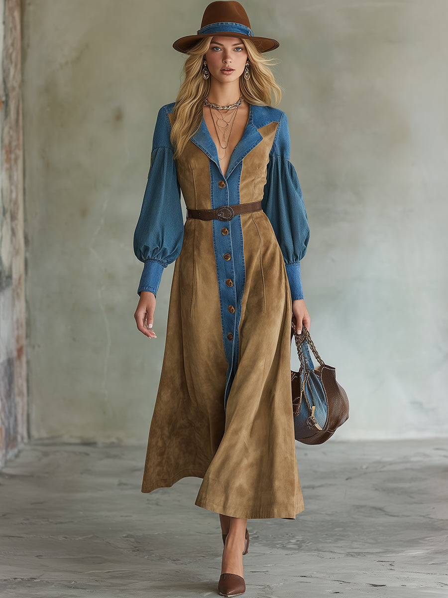 Retro Casual Denim Collar Khaki Faux Suede Maxi Dress