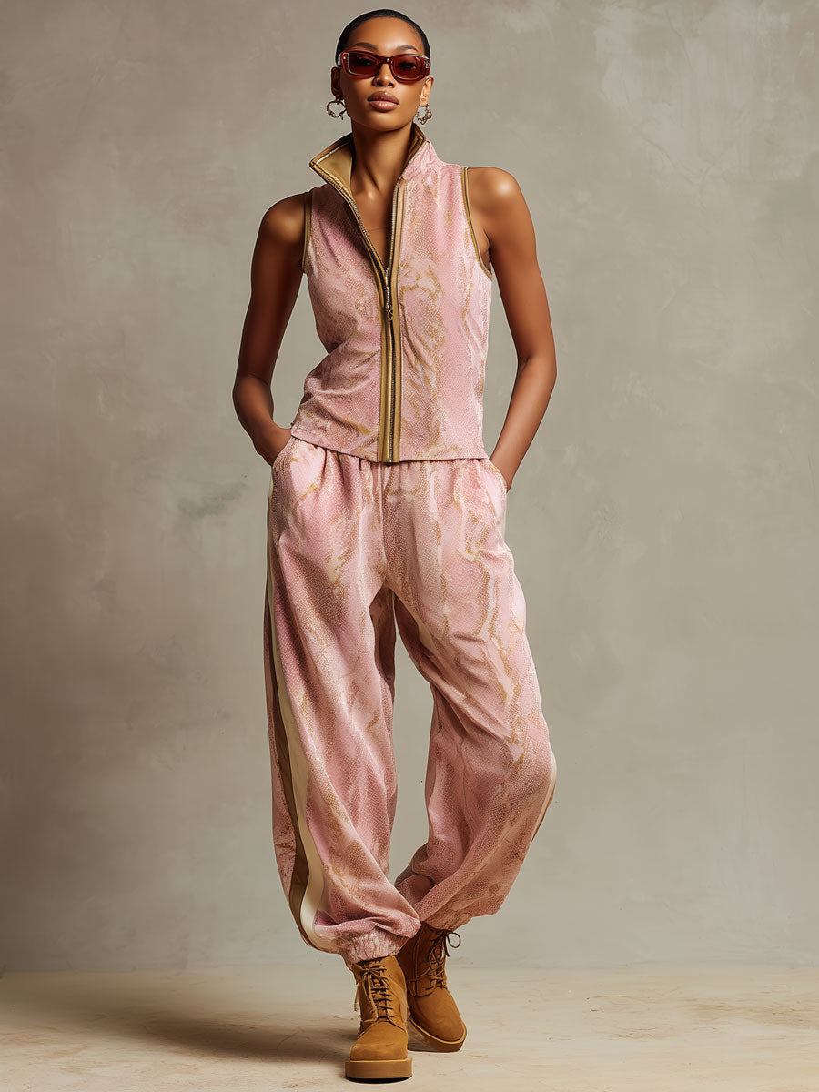 Sporty Retro Snake Print Pink Velvet Vest Jogger Pants Set