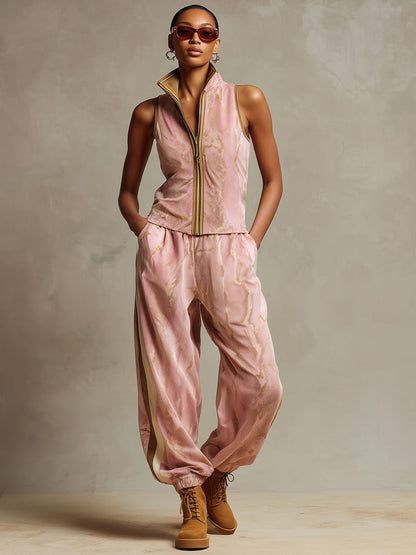 Sporty Retro Snake Print Pink Velvet Vest Jogger Pants Set
