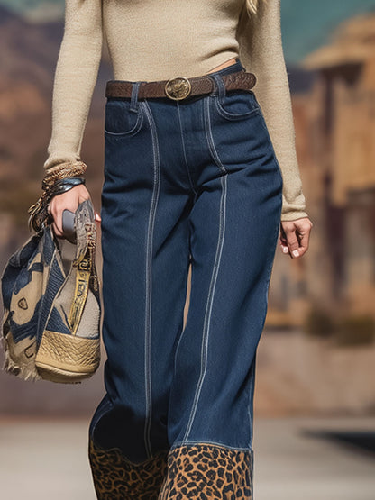 Western-style Leopard Print Patchwork Denim Wide-leg Pants