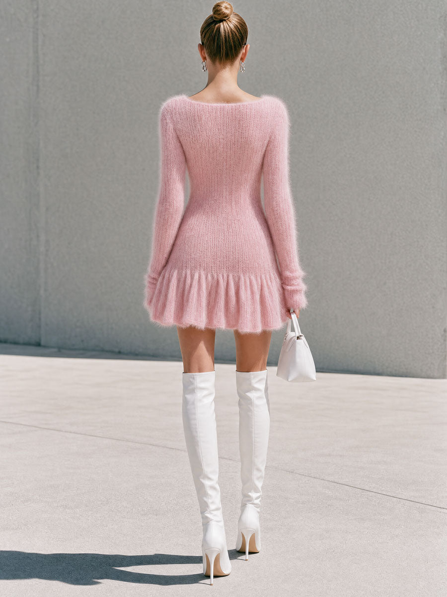 Fashionable Vacation Pink Knitted Pleated Long-sleeved Mini Dress