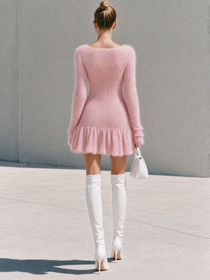 Fashionable Vacation Pink Knitted Pleated Long-sleeved Mini Dress