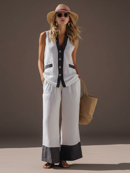 Vacation Retro White Cotton Linen Sleeveless Shirt And Wide-Leg Pants Set