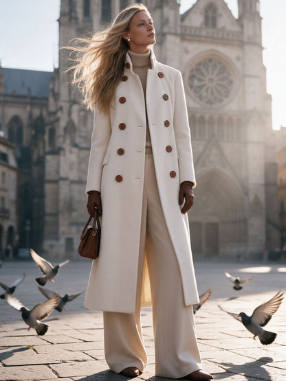 Retro Elegant White Turtleneck Double-breasted Coat