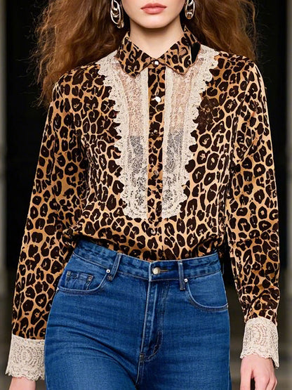 Casual Retro Satin Leopard Print Lace Stitching Long Sleeve Blouse