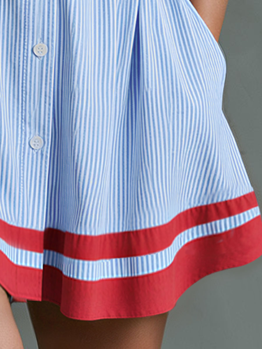 Retro-style Color-blocked Trim Blue Striped Long-sleeved Collared Cotton Mini Dress