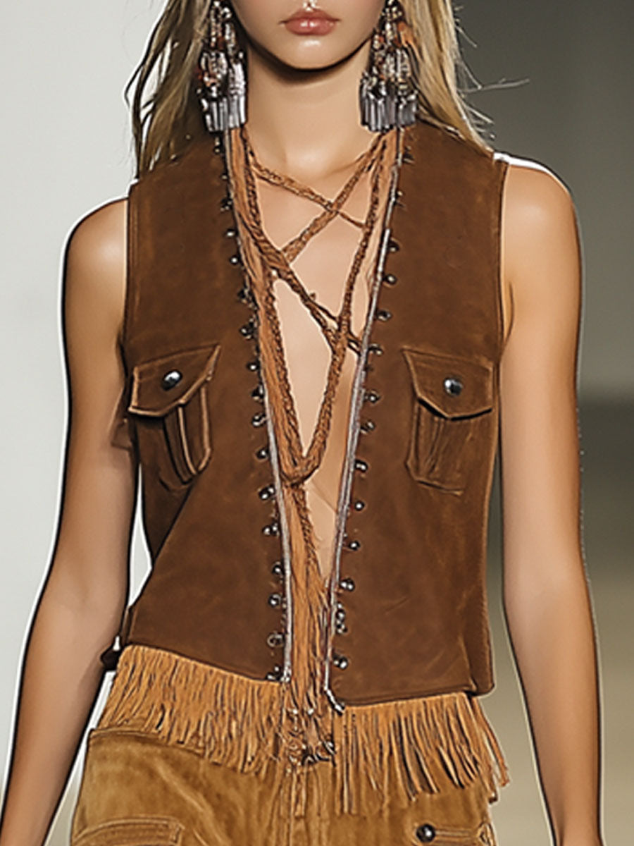 Casual Loose Vintage Brown Suede Rivet Tassel Pocket Vest