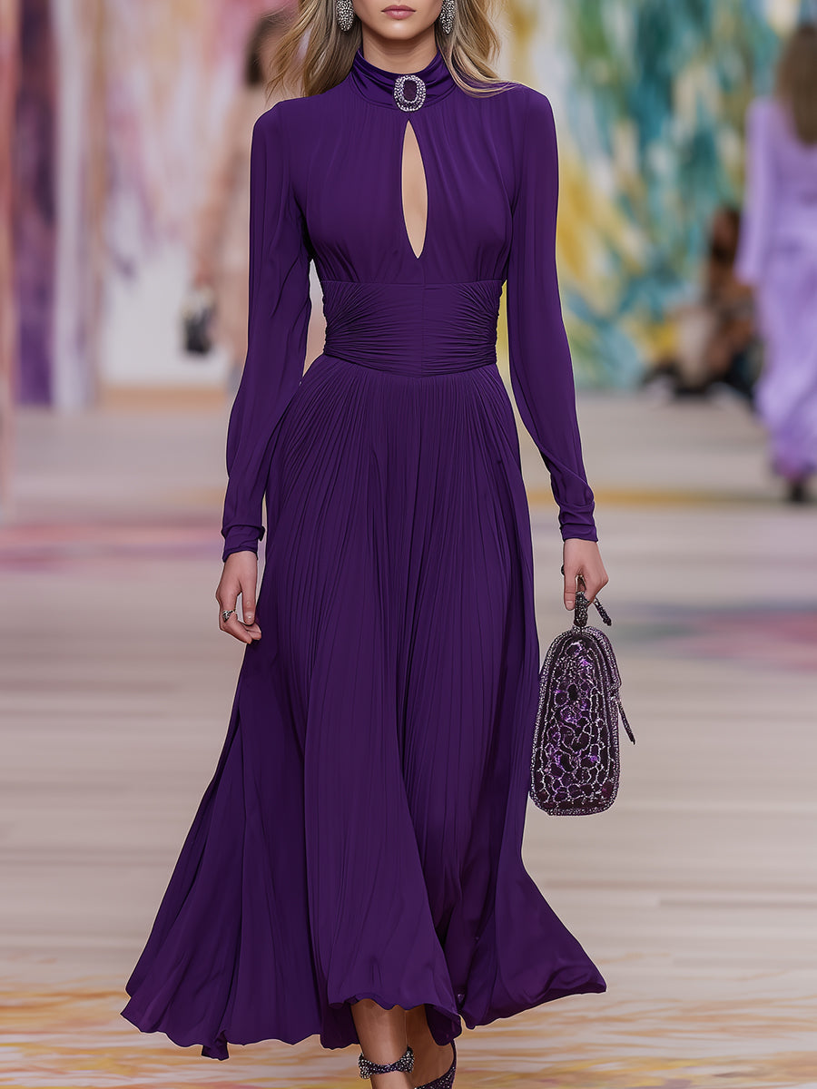 Elegant Purple Chiffon Dress With Rhinestone Button Neckline Maxi Dress