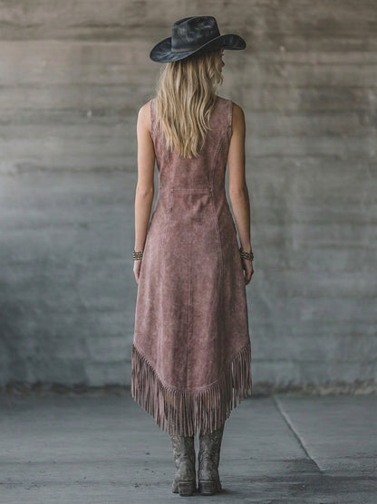Dusty Pink Western Dress – Sleeveless Zip-Front Fitted Waist Fringed Hem