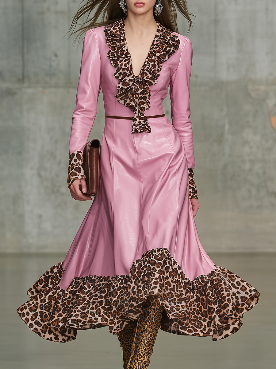Retro Leopard Print Ruffled V-neck Faux Leather Midi Dress