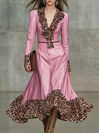 Retro Leopard Print Ruffled V-neck Faux Leather Midi Dress