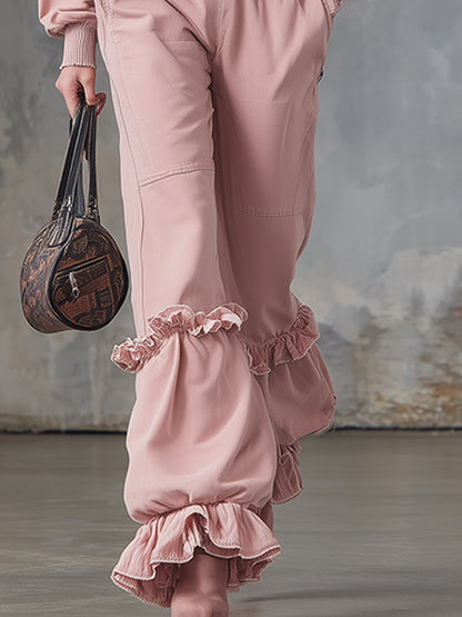 Casual Urban Denim Ruffled Pink Sweatshirt And Wide-leg Pants Tracksuit