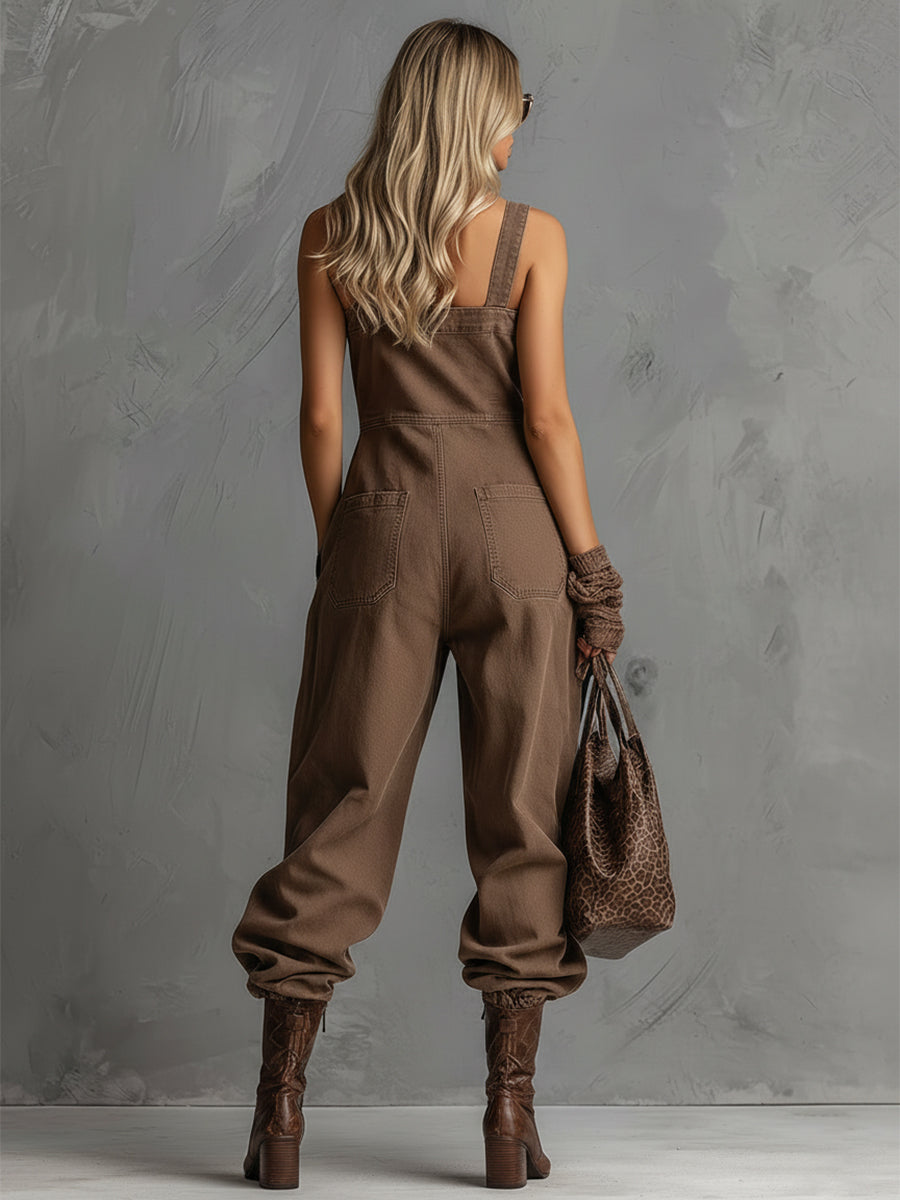 Stylish Silhouette Square Neck Front Button Closure Brown Denim Overalls Jumpsuit
