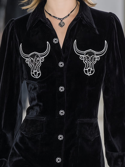 Stylish Black Corduroy Button-down Ruffled Bull&