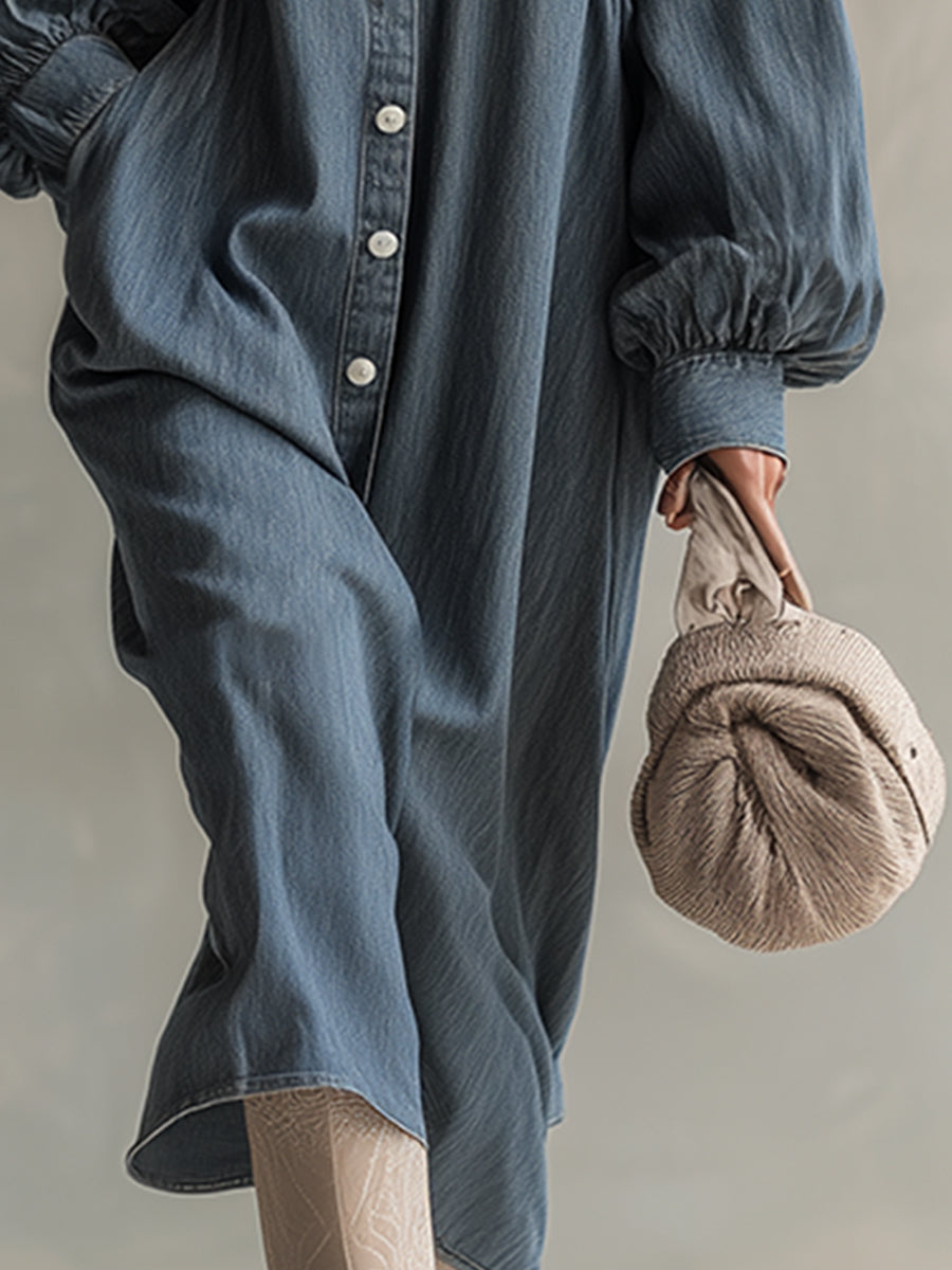 Elegant Silhouette Blue-grey Denim Front Button Midi Dress