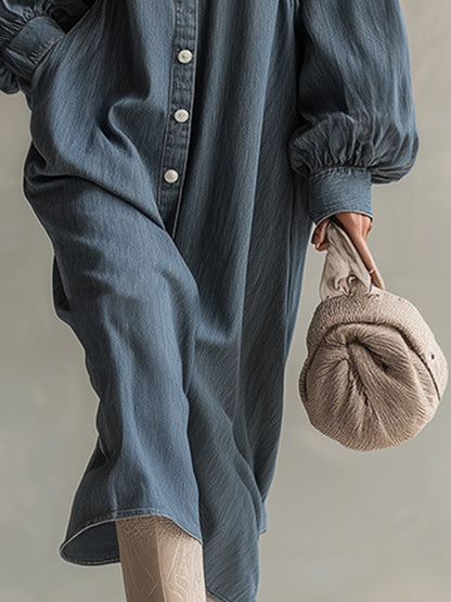 Elegant Silhouette Blue-grey Denim Front Button Midi Dress