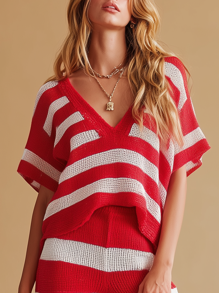 Classic Elegant Retro Striped Short-sleeved Knit T-shirt And Wide-leg Pants Set