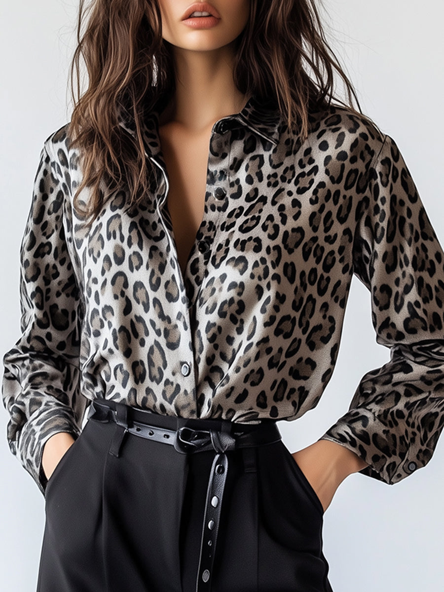 Lazy Fashion Leopard Print Long Sleeve Lapel Print Shirt