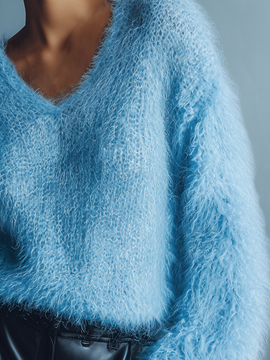 Casual Loose Light Blue V-neck Long Wool Knitted Sweater