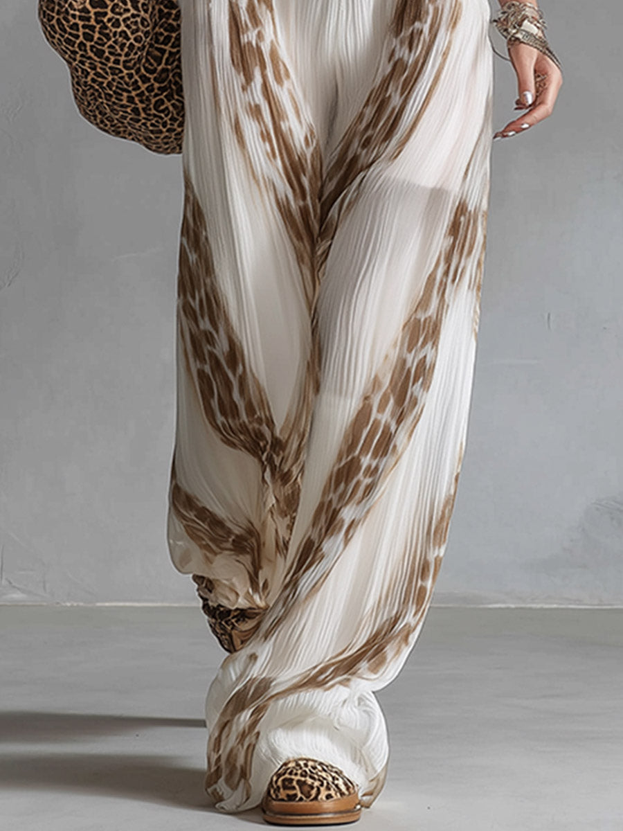 Elegant Vacation Style White Mesh Knit Tank Top Chiffon Printed Wide-leg Pants Set