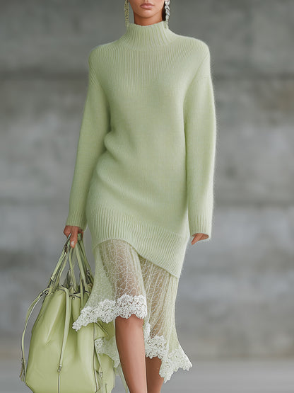 Elegant Green Knitted Round Neck Lace Midi Sweater Dress