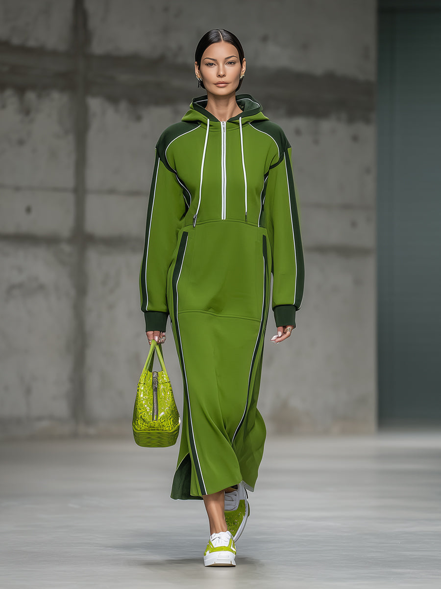 Sporty Dark Green Color-blocked Light Green And White Woven Ribbon Zipper Maxi Dress