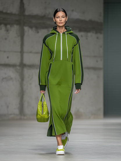 Sporty Dark Green Color-blocked Light Green And White Woven Ribbon Zipper Maxi Dress