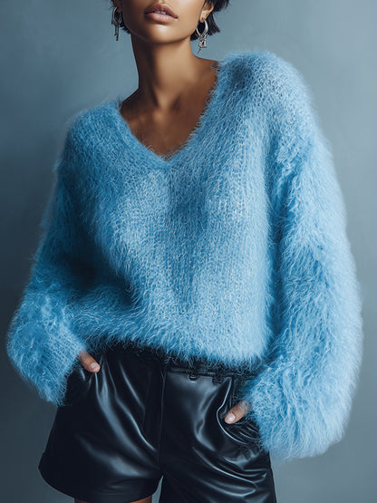 Casual Loose Light Blue V-neck Long Wool Knitted Sweater
