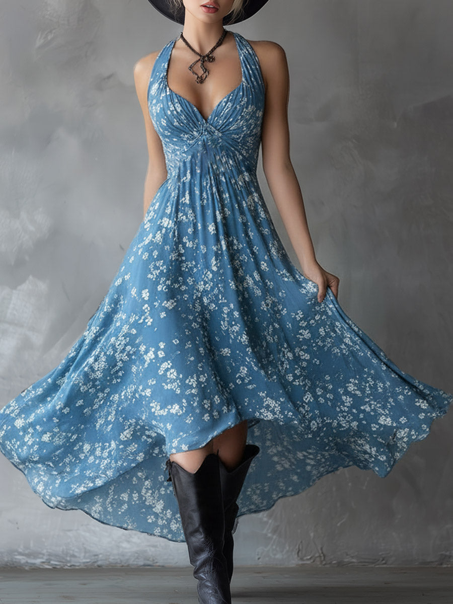 Retro Classic Floral Print Navy Blue Chiffon Sleeveless Maxi Dress