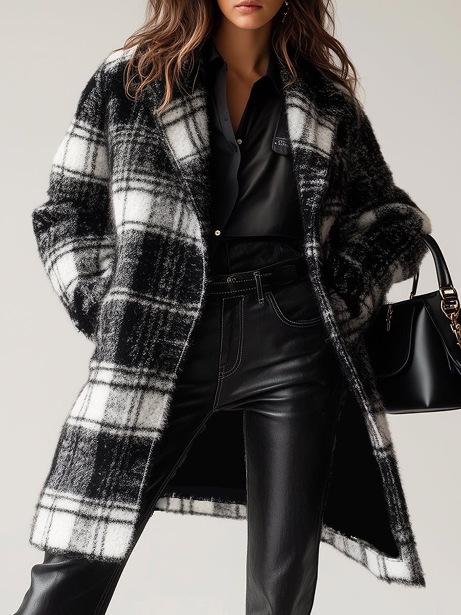 Retro Fashion Gradient Black And White Plaid Woolen Coat