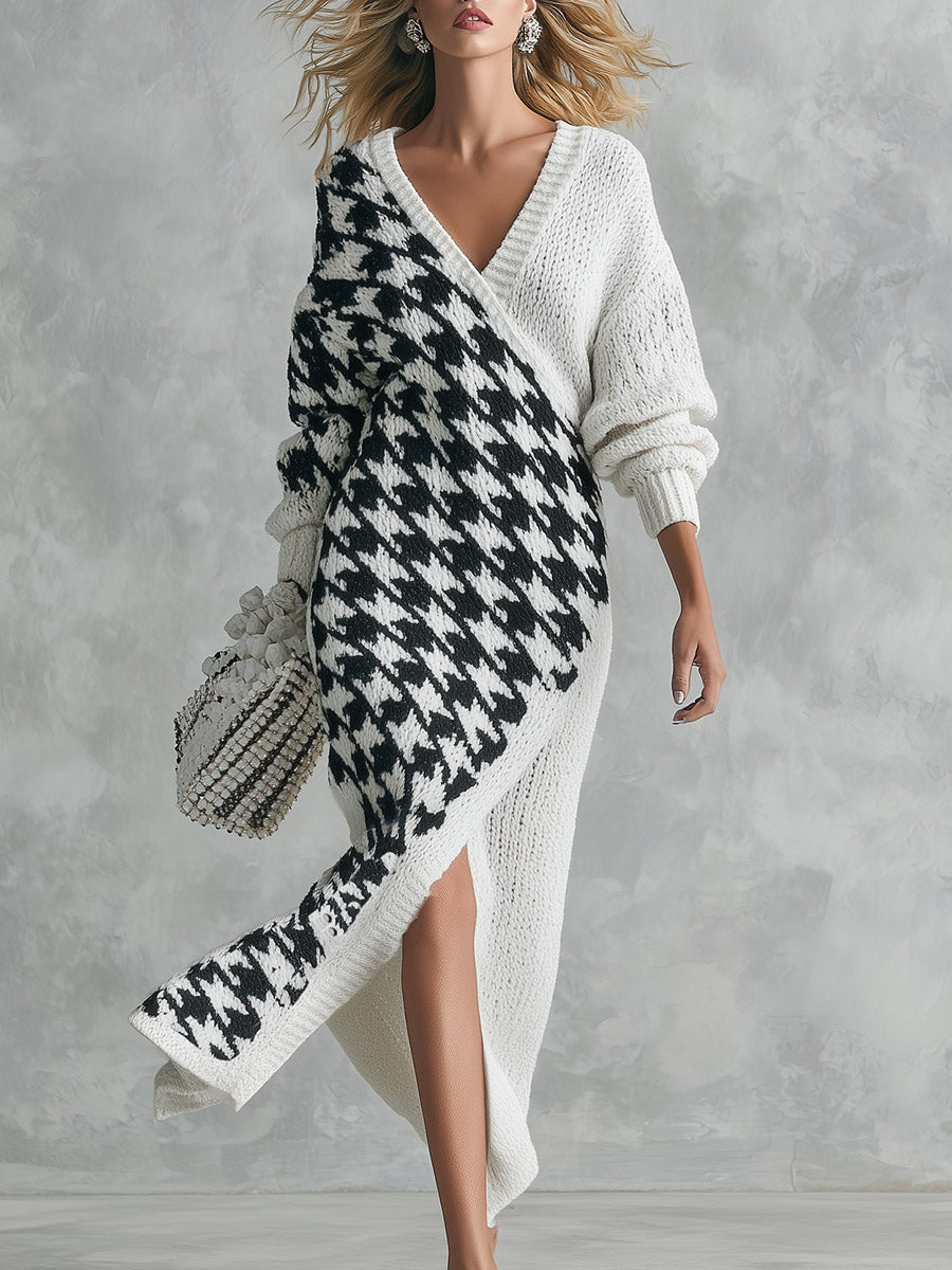Women’s V-Neck Black and White Houndstooth Knit Sweater Maxi Dress