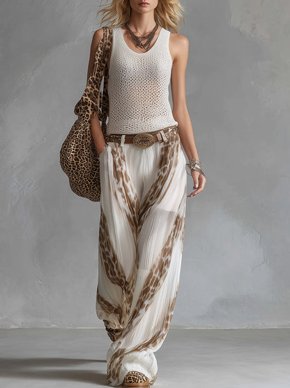 Elegant Vacation Style White Mesh Knit Tank Top Chiffon Printed Wide-leg Pants Set