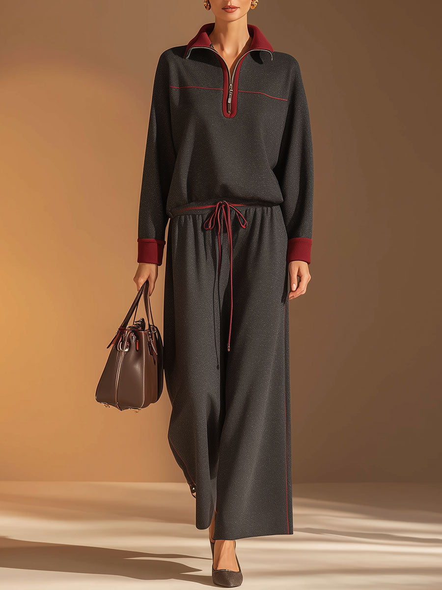 Casual, Retro-style Dark Gray Cotton Sweatshirt And Pants Set