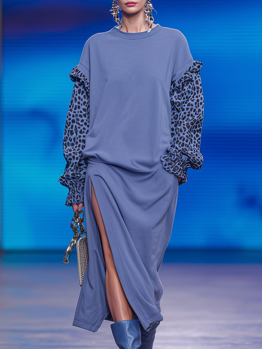 Fashionable Retro Leopard Print Long-sleeved Blue Sweatshirt With Slit Midi Dress
