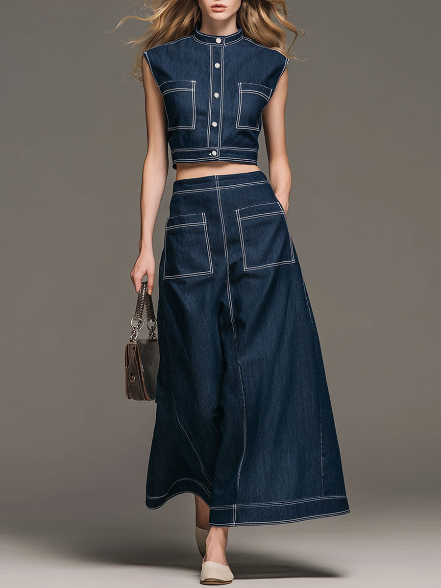 Fashionable Retro Blue Washed Denim Sleeveless Top And Skirt Set