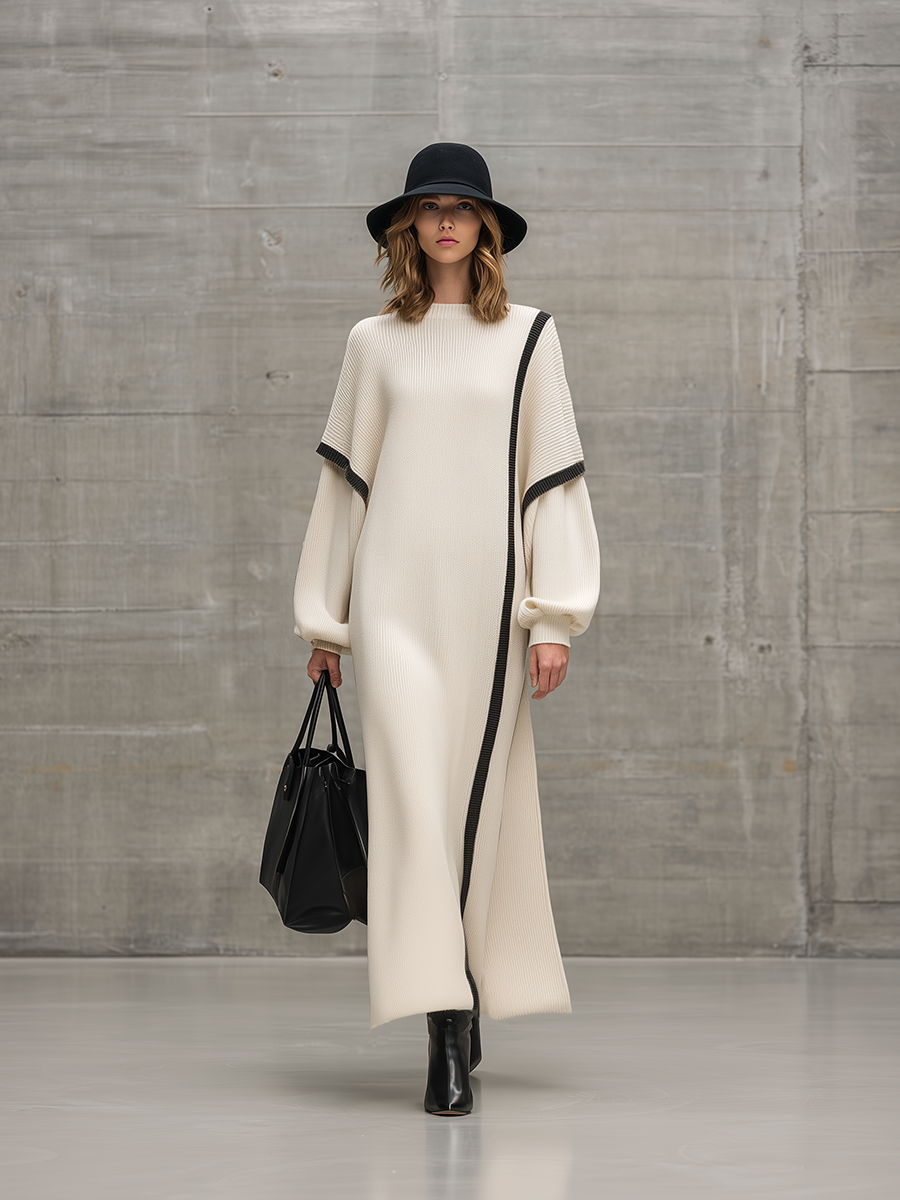 Loose-fitting Black Striped Faux Two-piece Sleeve White Knit Maxi Dress